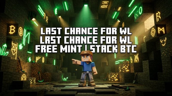 A promotional graphic with a Minecraft-style character in a glowing green cave of cryptocurrency symbols, featuring the text 'LAST CHANCE FOR WL', 'LAST CHANCE FOR WL', and 'FREE MINT _ STACK BTC'.