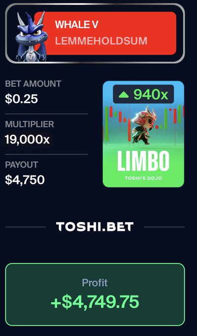 The image displays a $0.25 Whale V bet (LEMMEHOLDSUM) on ToshiBet that achieved a 19,000x multiplier, resulting in a $4,750 payout and a profit of +$4,749.75.
