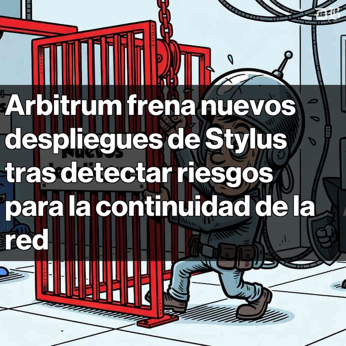 A cartoon illustration of a bearded character behind red prison bars with Spanish text overlay reading 'Arbitrum frena nuevos despliegues de Stylus tras detectar riesgos para la continuidad de la red'.