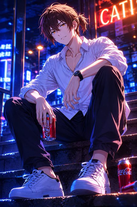 An anime illustration of a young man with brown hair in a white shirt sitting on steps at night, holding a Coca-Cola can, with neon signs and city lights in the background.