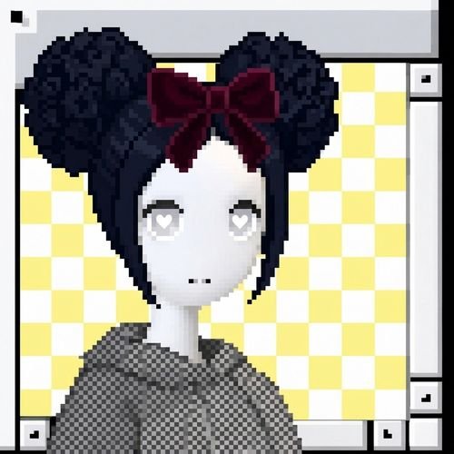 A pixel art illustration of a pale character with dark hair in double buns, a red bow, heart-shaped eyes, and a black and white checkered shirt against a yellow checkered background.