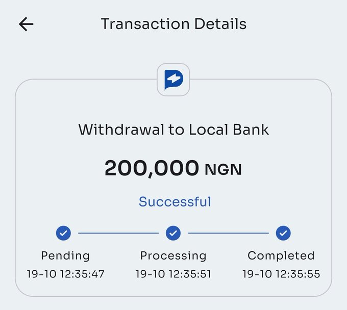 A “Transaction Details” screen shows a successful “Withdrawal to Local Bank” of “200,000 NGN,” progressing from Pending at 12:35:47 to Processing at 12:35:51 and Completed at 12:35:55 on 19-10. It illustrates Paystrater’s nearly four-second backend processing of Emeka’s USDT-to-naira withdrawal.