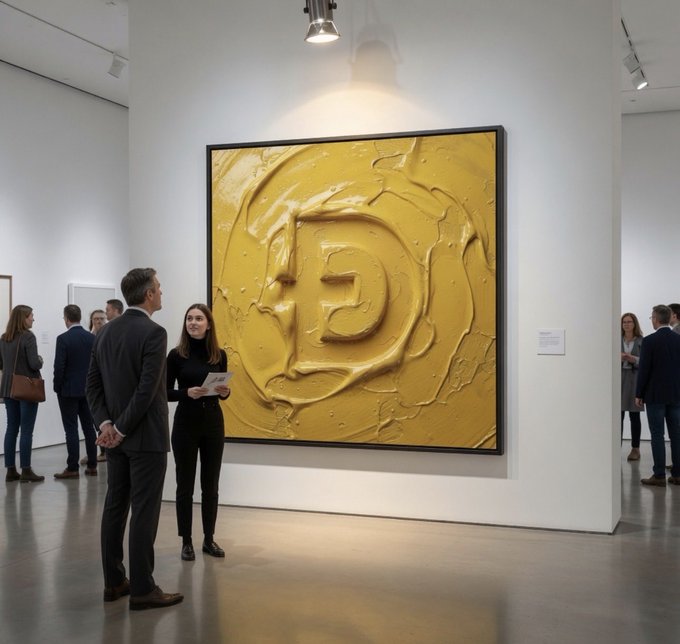 Visitors at an art gallery admire a large framed painting of a dollar sign painted in thick yellow paint.