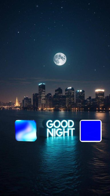 A nighttime cityscape over water with a full moon, featuring a 'GOOD NIGHT' greeting between two placeholder image icons.