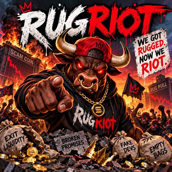 A fierce, red-eyed bull wearing a backwards cap and a "RUG RIOT" hoodie points accusingly at the viewer amid flames, scattered coins, and money bags labeled "EXIT LIQUIDITY," "BROKEN PROMISES," "FAKE DEVS," and "EMPTY BAGS." The aggressive "WE GOT RUGGED, NOW WE RIOT." slogan and chaotic scene visually reinforce the post's message of $RUGRIOT fighting back against scams through verifiable token locks and team transparency.