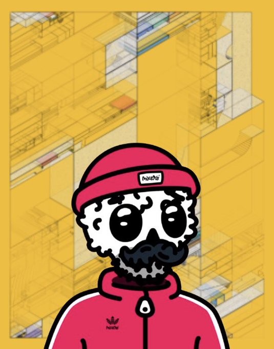 A cartoon character with a beard wearing a red "Marché" beanie and Adidas track jacket is shown in front of an abstract yellow architectural background. The illustration aligns with the post's description, showcasing artistic collaboration—blending Landlines' "Diaphanous" pieces with XRMX's "Mixers v2" NFT collection to create a vibrant mixed-media composition.