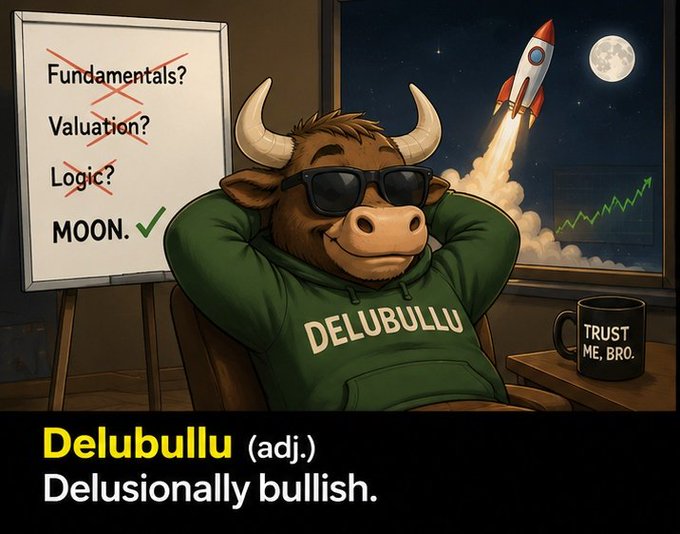 A cartoon bull wearing sunglasses and a 'DELUBULLU' hoodie sits next to a whiteboard showing 'Fundamentals?', 'Valuation?', and 'Logic?' crossed out, with 'MOON. ✓' checked, while a rocket flies past the moon in the background. The caption reads 'Delubullu (adj.) Delusionally bullish.'