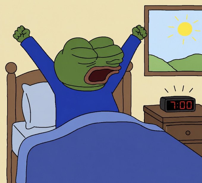 A cartoon of Pepe the Frog stretching and yawning in bed, with a digital clock reading 7:00 and a window showing a bright sun outside.