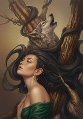 A digital painting depicting a dark-haired woman in a green top, bound to a wooden post, with a horned creature behind her.