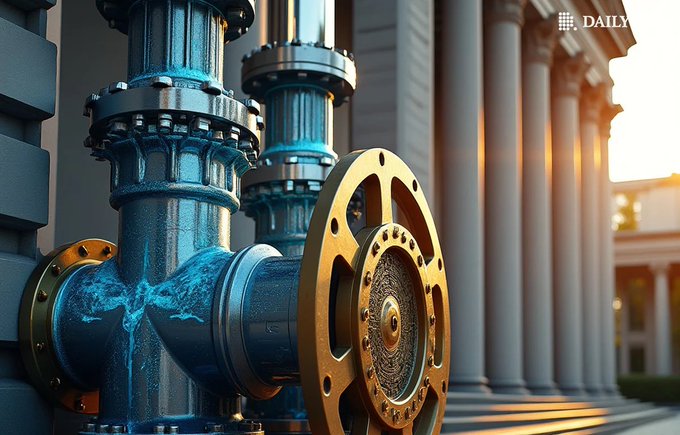 A close-up of industrial blue pipes with golden valves in front of classical columns, with 'DAILY' logo in the top right.