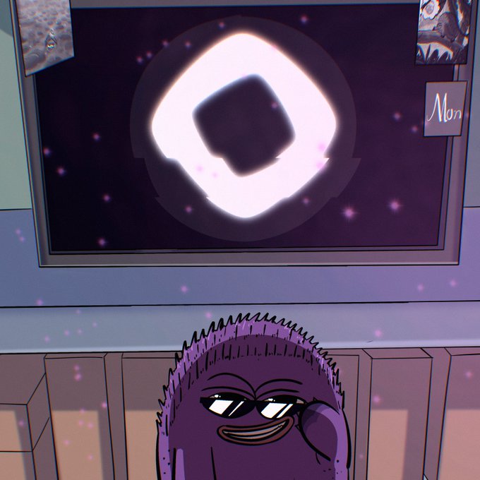 A purple cartoon character with spiky hair and sunglasses stands below a screen displaying a glowing white and black abstract shape, with a 'Mon' label visible in the corner.
