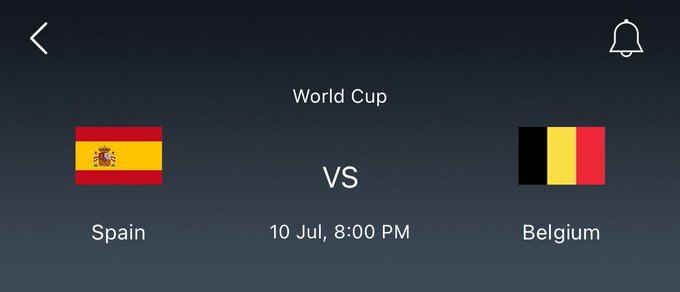 A World Cup matchup between Spain and Belgium scheduled for July 10 at 8:00 PM, with the poster humorously asking for predictions while joking about risking their last $5.