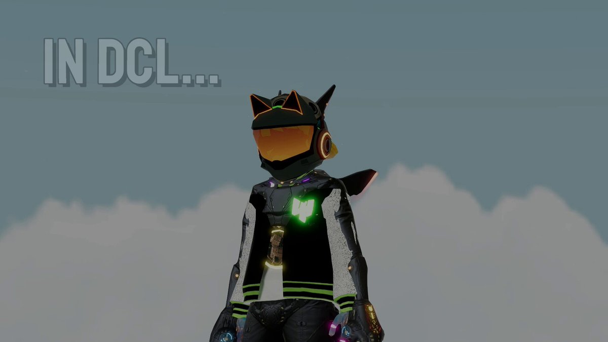 The image features a character wearing a helmet with a green light at the top, standing against a blue sky with clouds. The character appears to be wearing a black jacket and has a cat's head hat on their head. There are also some text elements in the image that read "In DCL......" and "NEW DCL META ALERT!!! Shout to @Mauhetti_ for this one! Did you know you can FLY in @decentraland !" The character is standing on a sandy surface, which adds an interesting contrast between the natural landscape and the digital elements.