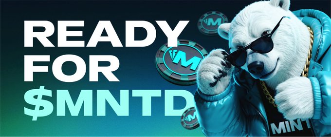 A promotional graphic featuring a white bear wearing sunglasses and a blue jacket with the text 'READY FOR $MNTD' alongside cryptocurrency coins bearing the 'M' logo.