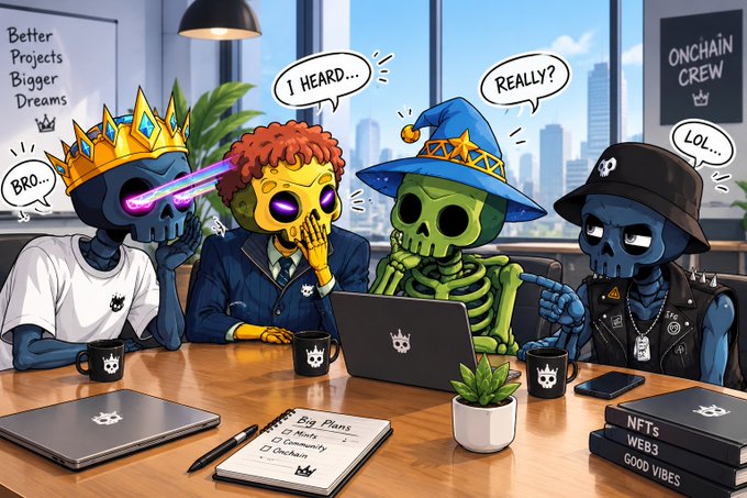 A cartoon image shows four colorful skeletons wearing modern clothing and accessories sitting around a desk with mugs and a notebook, engaging in a conversation with speech bubbles reading 'I HEARD...', 'REALLY?', 'BRO...', and 'LOL...'.