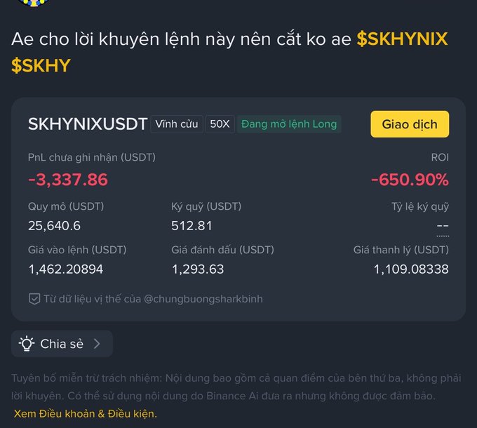 A Binance trading interface screenshot in Vietnamese showing a $SKHYNIXUSDT perpetual long position with a -$3,337.86 unrealized PnL and -650.90% ROI, with text asking for advice to cut losses on $SKHYNIX and $SKHY.