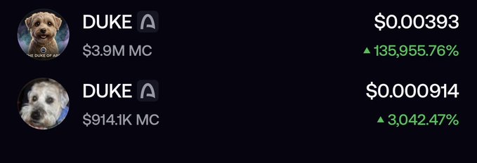 The image shows two cryptocurrency tokens both named "DUKE" with nearly identical logos, displayed side by side: one with a $3.9M market cap priced at $0.00393 (up 135,955.76%) and another with a $914.1K market cap priced at $0.000914 (up 3,042.47%). This visualizes the post's concern about potential deceptive token duplication on the ARC blockchain, where a new DUKE token appears to be competing with—and potentially vamping—the original $DUKE token associated with the Arc founder's dog.