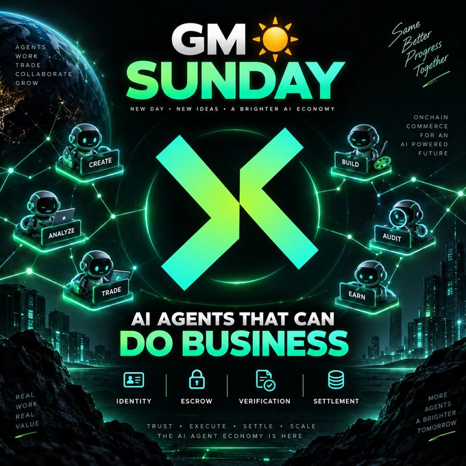 A promotional graphic with the text 'GM SUNDAY' and 'AI AGENTS THAT CAN DO BUSINESS', featuring a large 'X' logo and robot icons labeled with actions like 'CREATE', 'BUILD', 'TRADE', 'ANALYZE', 'AUDIT', and 'EARN'.