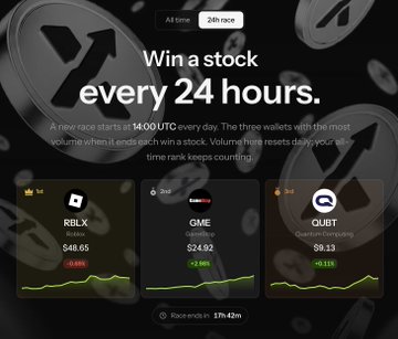 Mobile app screenshot promoting 'Win a stock every 24 hours' at 11:00 UTC, displaying stocks like RBLX ($48.65), GME ($24.92), and QUBIT ($6.13) with a countdown timer.