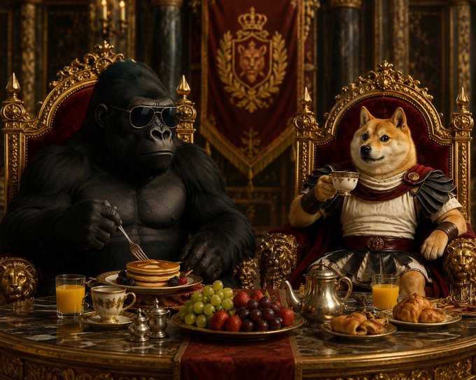 The image features a gorilla sitting at a table with a dog, both of them enjoying breakfast together. The table has various food items such as grapes, apples, and oranges. There are also cups and spoons placed around the table. In the background, there is a banner that says "Kingdom". This suggests that this scene might be set in a palace or a similar regal setting.