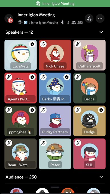 A mobile screenshot of an 'Inner Igloo Meeting' voice chat with 250 audience members, displaying the 12 speakers including LucaNetz, Nick Chase, Catharsiscult, Agents, Berko, Becca, ppmcghee, Pudgy Partners, Hedge, Beau, Peter, and SHL.