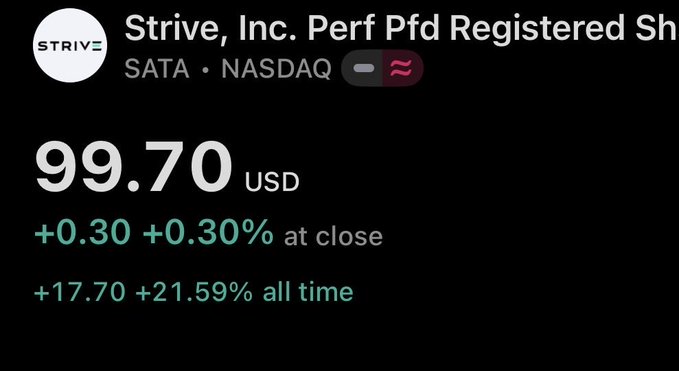 A Robinhood-style stock display showing 'Strive, Inc. Perf Pfd Registered Sh' (SATA • NASDAQ) at 99.70 USD, up +0.30 (+0.30%) at close, and +17.70 (+21.59%) all time.