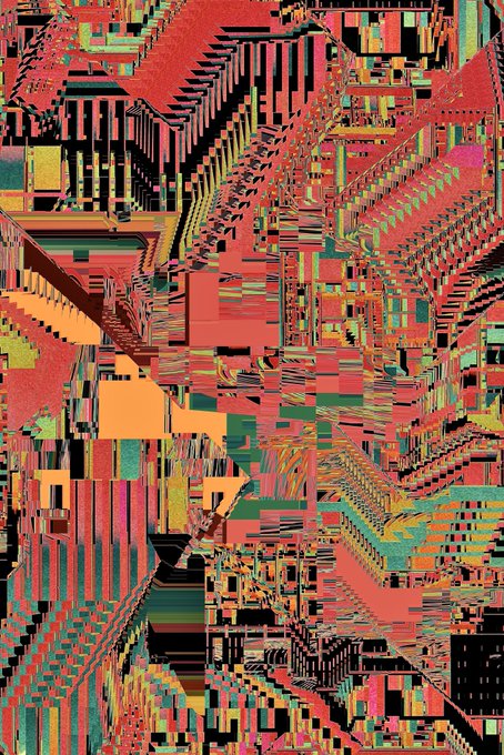 An abstract digital artwork featuring vibrant, glitch-like patterns in red, pink, green, yellow, and black.