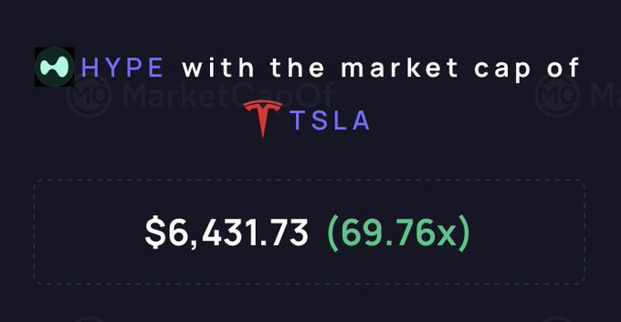 A graphic titled 'HYPE with the market cap of TSLA' showing a value of $6,431.73 with a 69.76x multiple, set against a dark background with faint 'MarketCapOf' watermarks.