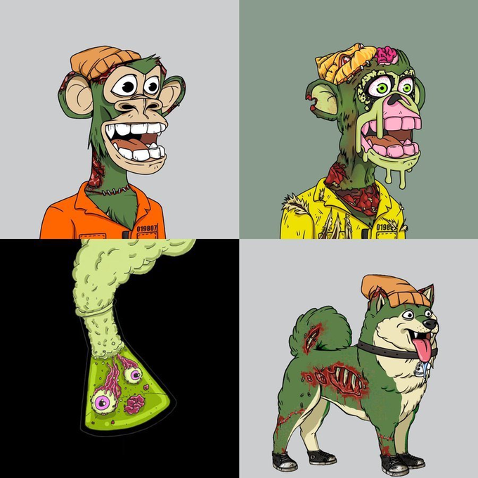 Four cartoon-style illustrations depicting grotesque zombie variations: a green monkey in an orange prison uniform, a decaying green ape in a yellow shirt, a bubbling flask of green liquid with eyes, and a zombie dog wearing sneakers.