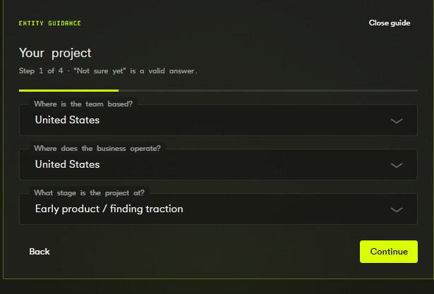 A screenshot of an 'ENTITY GUIDANCE' form titled 'Your project' (Step 1 of 4), indicating the team is based in the United States, the business operates in the United States, and the project is at the 'Early product / finding traction' stage.