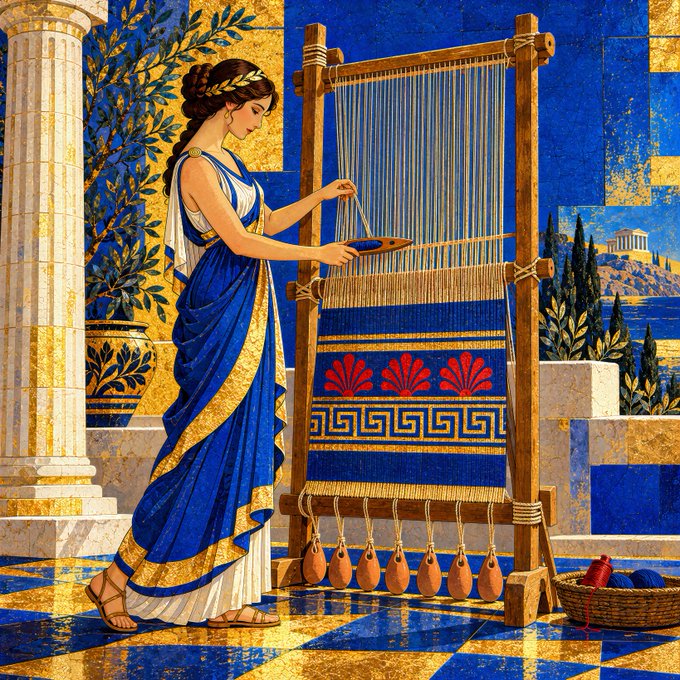 An illustration in a classical style shows a woman in a blue and gold Grecian dress operating a large wooden loom, weaving a blue tapestry with red fan motifs in a columned courtyard with a view of the sea.