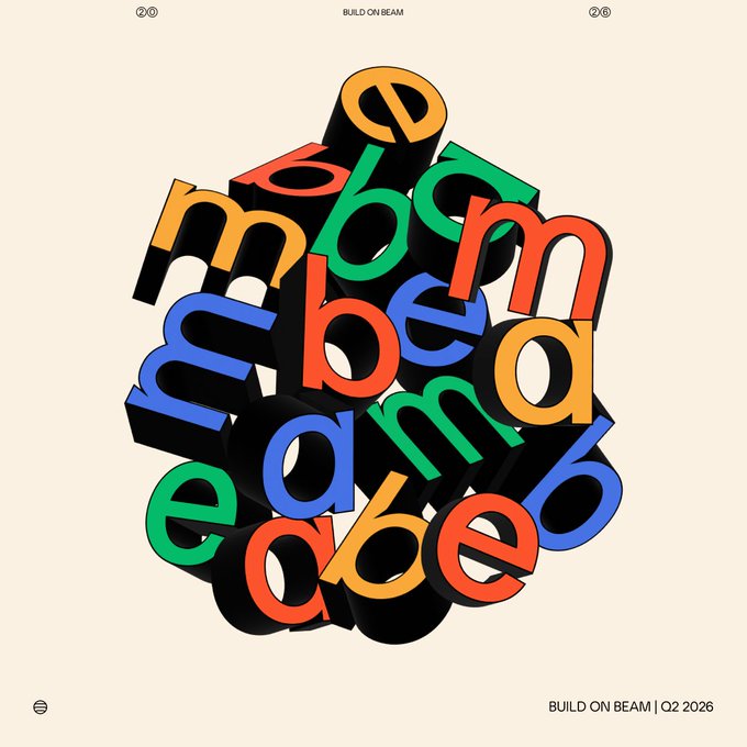 The image features a poster with a large pile of letters arranged in a unique way that resembles a stack of books or a pyramid shape. The letters are in various colors such as orange, green, blue, yellow, pink, purple, and black. The text on the poster reads "Build On Beam" and "Beam is a frontier technology network. That' s not positioning, it's the job description." This suggests that the image might be related to an event or campaign promoting the concept of "beam" as a cutting-edge technology or idea.