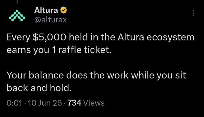 The image shows a social media post that includes a screenshot of an advertisement for Altura. It has text in both black and white colors with some green accents which describe a contest or opportunity where people can win F1 tickets by holding $5,000 worth of assets within the altura ecosystem such as AVLT, LP/PT, YT etc. The post also contains an image that is a screenshot from Altura's website, showing a sign for "Every $5,000 held in the Altura ecosystem" and mentions about how to participate in it by holding your balance while sitting back and holding on.