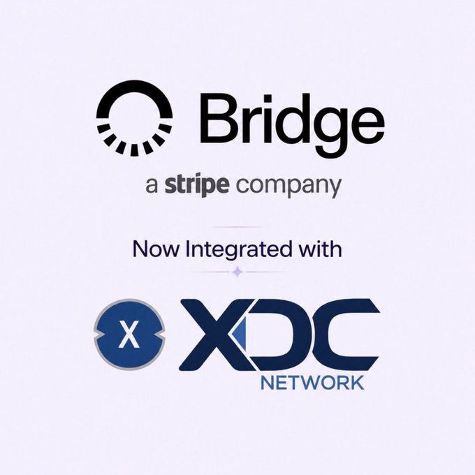 The image displays the Bridge logo (a Stripe company) above text reading "Now Integrated with XDC NETWORK," indicating the partnership between Stripe's Bridge service and the XDC Network for stablecoin and fiat payment infrastructure.