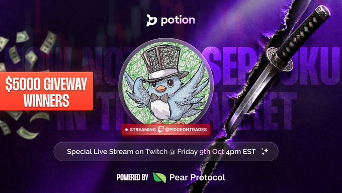 A promotional graphic for a $5000 giveaway announces winners, featuring the "potion" logo, a cartoon penguin character in a samurai helmet, and details for a Twitch live stream on @pidgeontrades happening Friday, October 9th at 4 PM EST, powered by Pear Protocol. The dramatic purple background with a katana and falling money complements the post's theme of navigating the crypto market correction without "committing seppuku."