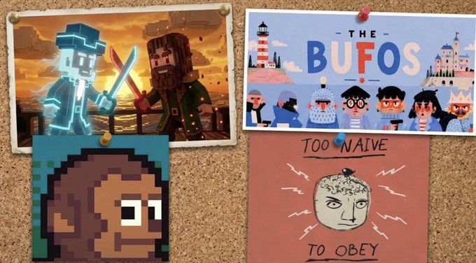 A corkboard displays pinned images including a pixelated sword fight, 'THE BUFOS' NFT collection, a pixel monkey face, and a 'TOO NAIVE TO OBEY' poster.