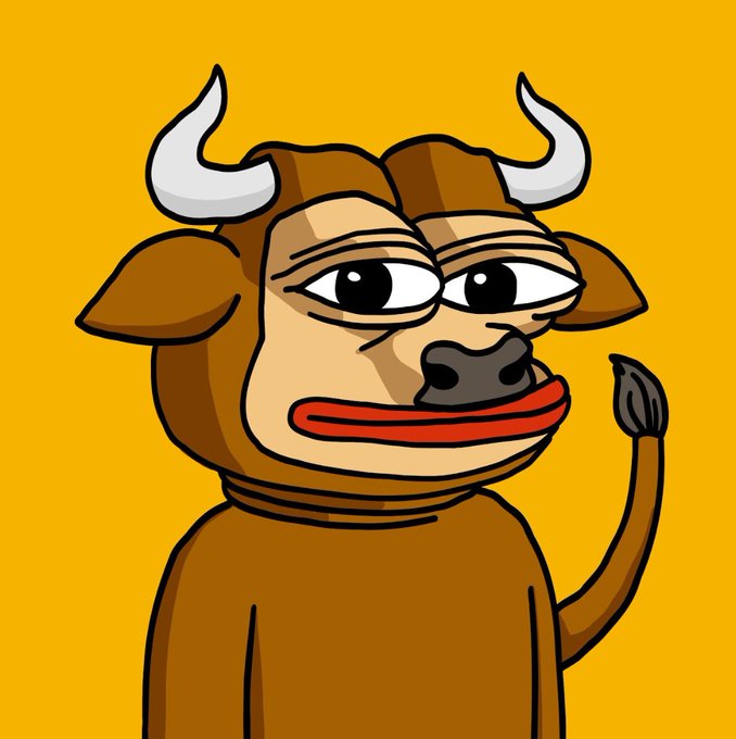 A cartoon illustration of a brown bull character with white horns waving, against a yellow background.