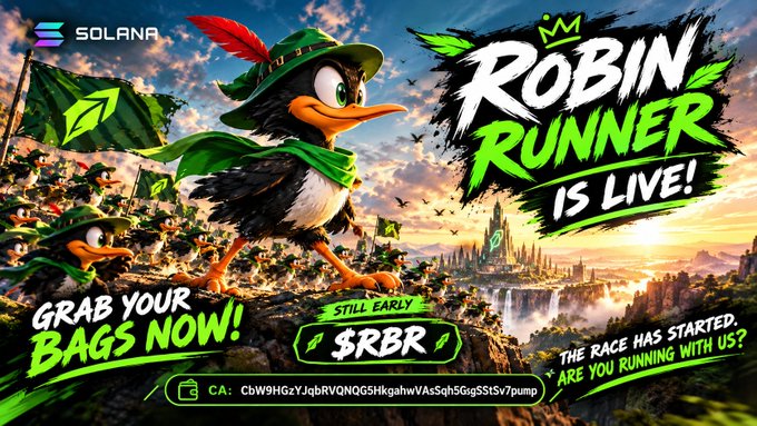 A promotional graphic for 'Robin Runner' ($RBR) cryptocurrency on Solana blockchain with a contract address (CA: CbW9HGzYJqBRVQNQG5HkgahwVAsSqhSGqJhpAStSv7pump).
