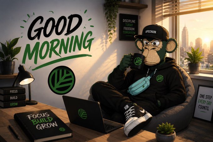 An illustrated scene of a monkey character wearing a cap that says 'APECHAIN', sitting on a beanbag with a laptop and coffee mug, with 'GOOD MORNING' text and motivational messages like 'FOCUS BUILD GROW' in the background.