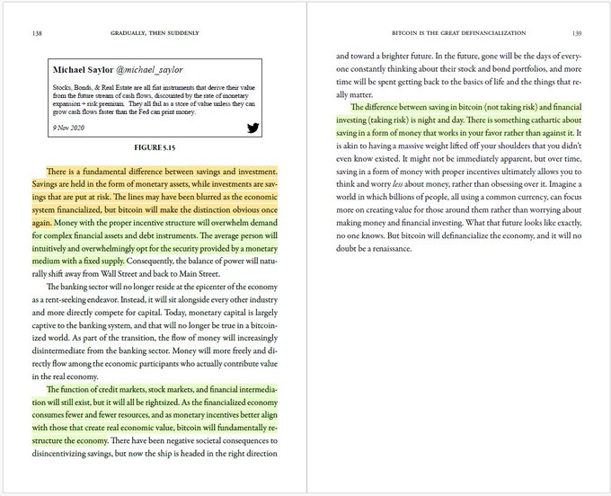 Two pages from a book titled 'Gradually, Then Suddenly' discussing bitcoin, featuring a tweet from Michael Saylor (@michael_saylor) dated 9 Nov 2020 about stocks, bonds, and real estate as fiat instruments.