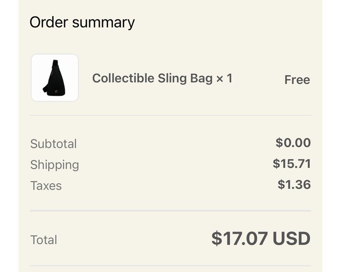 An order summary showing a free Collectible Sling Bag with $15.71 shipping and $1.36 taxes for a total of $17.07 USD.