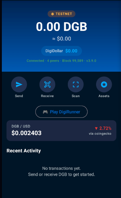 This image shows a DGB cryptocurrency wallet on "TESTNET" with 0.00 DGB and a current DGB/USD price of $0.002403, mirroring the post's query about what the "$DGB Fam." sees.