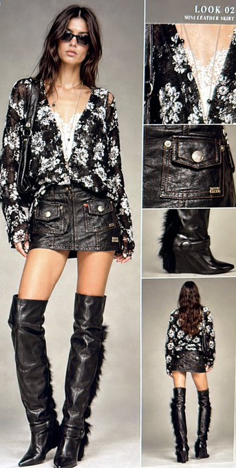A fashion product collage labeled 'LOOK 02 - MINI LEATHER SKIRT' showing a model wearing a black floral blouse, black leather mini skirt, and tall leather boots with fur trim.
