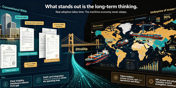 A marketing visual titled "What stands out is the long-term thinking," contrasting "Conventional RWA" assets like T-Bills, standardized collateral, and packaged cash flow on the left with the "Underprints of ocean" focus on global shipping routes, nautical charts, and dry bulk vessels on the right, with a bridge labeled "EthraShip" connecting the two sides to highlight the project's approach to tokenizing maritime assets.