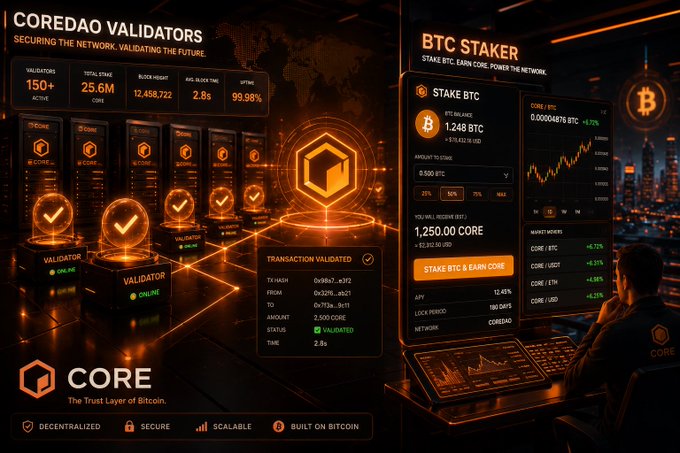 A man sitting at a computer desk with his back turned, looking over his work while surrounded by a computer screen filled with graphs indicating he is working with CoreDAO staking.