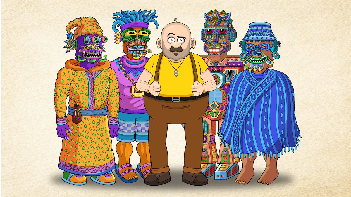 An illustration of a bald man with a mustache in a yellow shirt and suspenders standing in front of four colorful, ornate figures with elaborate masks and traditional attire.