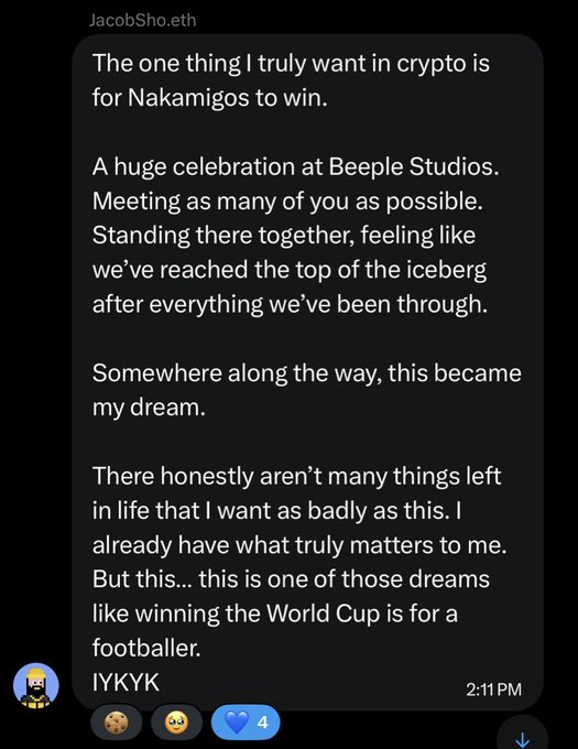 A Discord message from JacobSho.eth expressing a desire for 'Nakamigos to win' and celebrating at Beeple Studios, ending with 'IYK YK' and a 2:11 PM timestamp.