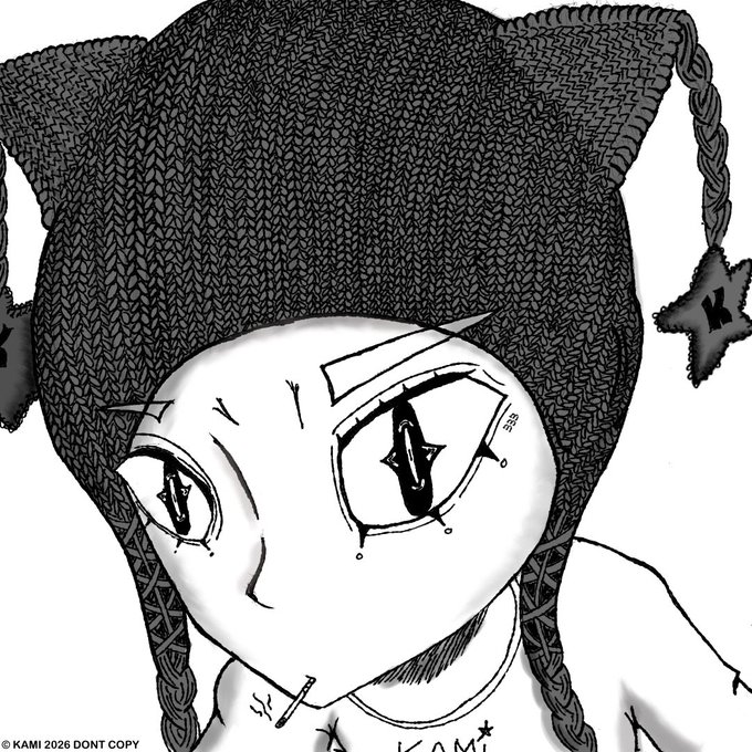 Black and white manga-style illustration of a character wearing a knitted hat with star accessories, marked '© KAMI 2026 DONT COPY.'