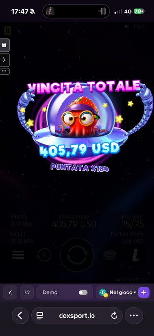 A mobile screenshot of a slot machine game showing a 'VINCITA TOTALE' (total win) of 405,79 USD with 'PUNTATA X184' displayed, accessed via dexsport.io in demo mode.