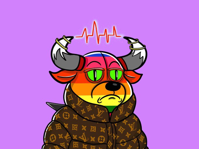 A cartoon image of a rainbow-colored bull wearing a Louis Vuitton monogram hoodie with horns and a heartbeat/EKG line above its head on a purple background.